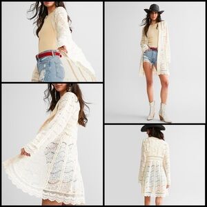 Sterling & Stitch Studded Boho Cream Lace Kimono Coastal Cowgirl Open Cardigan M